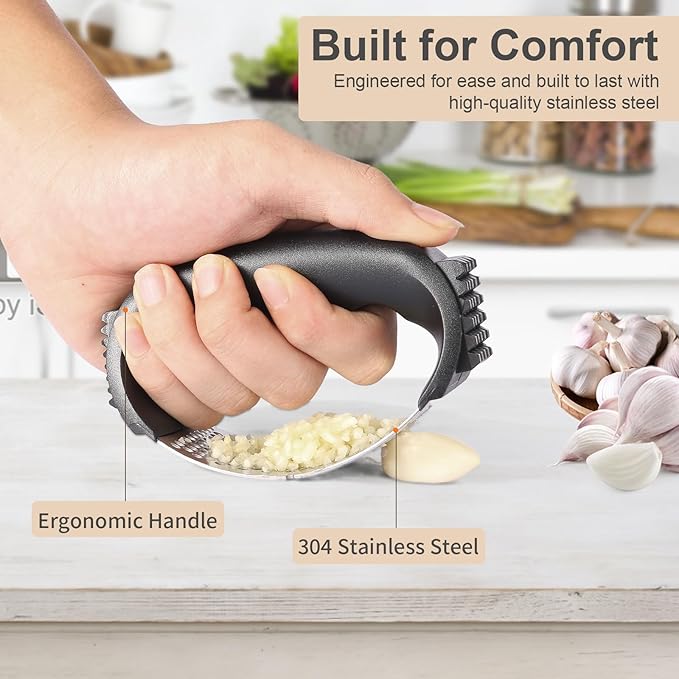 Garlic Press Rocker - Stainless Steel Garlic Mincer, Garlic Chopper, Garlic Crusher with Garlic Peeler and Cleaning Brush for Effortless Smashing Garlic.
