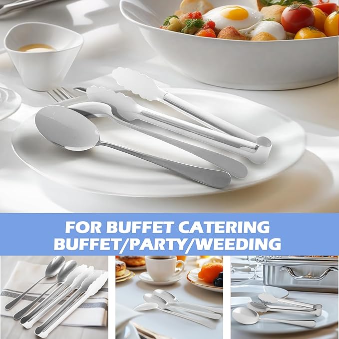 12PCS Stainless Steel Serving Utensils Sets with 8 Large Serving Spoons,4 Serving Tongs,Silver Serving Utensills Sets for Buffet Catering Banquet Party (Silver)
