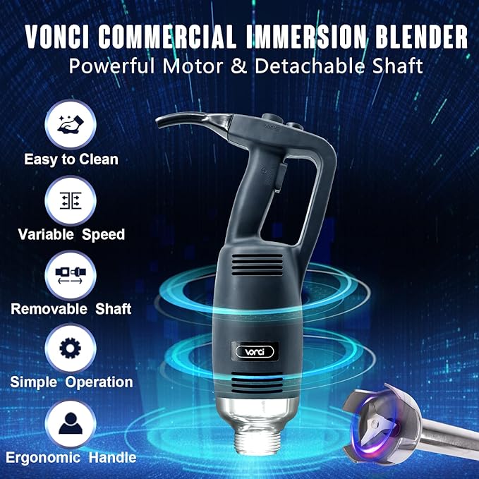 VONCI 750W Commercial Immersion Blender, Extra Heavy Duty Hand Blender with Variable Speed 8000-19000RPM, Handheld Stick Mixer with 20" SUS 304 Shaft, Commercial Emulsifier for Restaurant Kitchen.