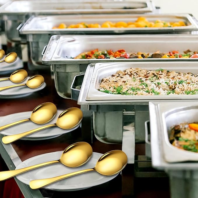 Stainless Steel Serving Spoons Set, 6pc, 10-Inch, Includes 6 Large Spoons, for Parties/Kitchen/Buffet/Catering, Dishwasher Safe, Gold