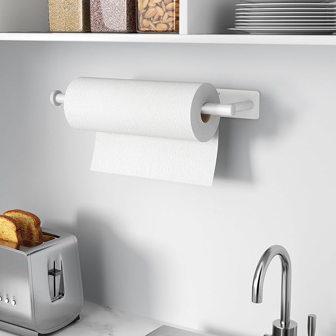 Paper Towel Holder - Self-Adhesive or Drilling, White Wall Mounted Rack - SUS304 Stainless Steel Kitchen Roll Holder Under Cabinet (2 Pack)