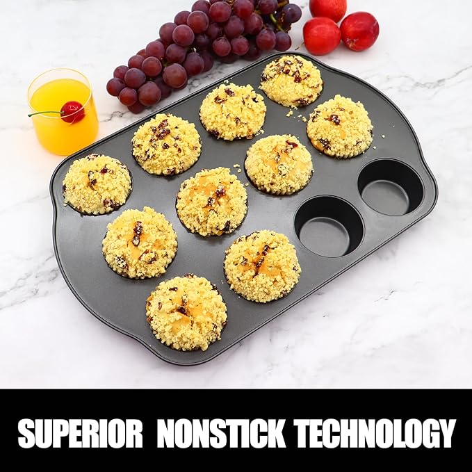 12+24 Muffin Pan Set (2 Pack) - Nonstick Cupcake Tins Dark Gray | Heavy Duty Carbon Steel, Rustproof, Oven Safe Baking Gift