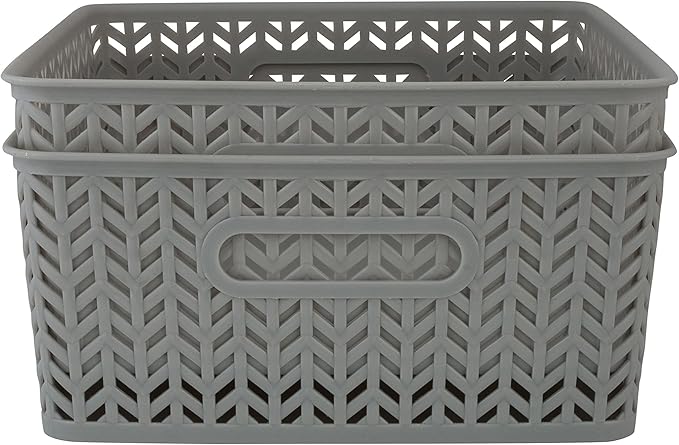 Simplify 2 Pack Medium Herringbone Storage Basket | Dimensions: 14"x11.5"x5.15" | Sturdy Polypropylene Plastic | 2 Open Handles | Lightweight | Home Organization | Heather Grey