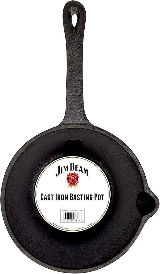 Jim Beam JB0204 Pre-Seasoned Heavy Duty Construction Cast Iron Basting Pot for Grilling and Oven, Large, Black