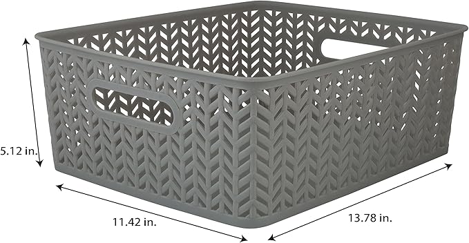Simplify 2 Pack Medium Herringbone Storage Basket | Dimensions: 14"x11.5"x5.15" | Sturdy Polypropylene Plastic | 2 Open Handles | Lightweight | Home Organization | Heather Grey