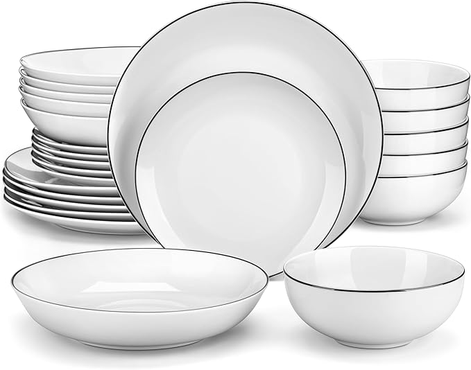 MALACASA 24-Piece Gourmet Porcelain Dinnerware Sets, Modern White with Black Rim Round Dish Set for 6 - Premium Serving Plates and Bowls Sets for Dessert, Salad, Soup, Pasta - Series AMELIA