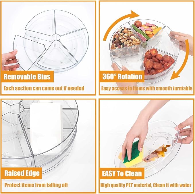 Roninkier Clear Lazy-Susan Organizer with 5-Removable-Bins - 11 Inch Round Plastic Rotating Storage Container for Cabinet, Pantry, Kitchen, Fridge, Vanity