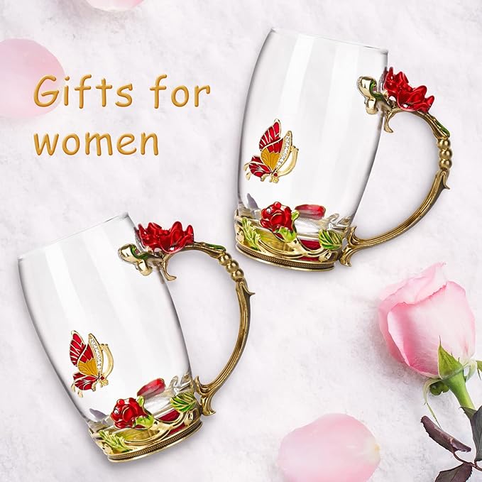 OEAGO Gifts for Women Mom Mothers Tea Cup Best Birthday Butterfly Rose Gifts for Her from Daughter Son Glass Coffee Christmas Enamels Mug Lead-Free with Spoon Set
