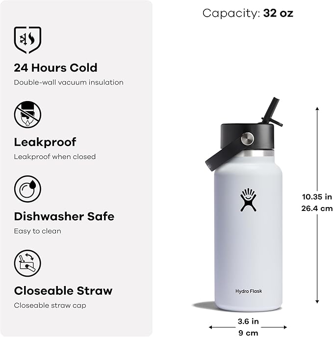 Hydro Flask Water Bottle - Insulated Stainless Steel - Wide Mouth Flex Straw Lid, Non Spill, Leakproof and Refillable in 32 Oz Stainless Steel Violet