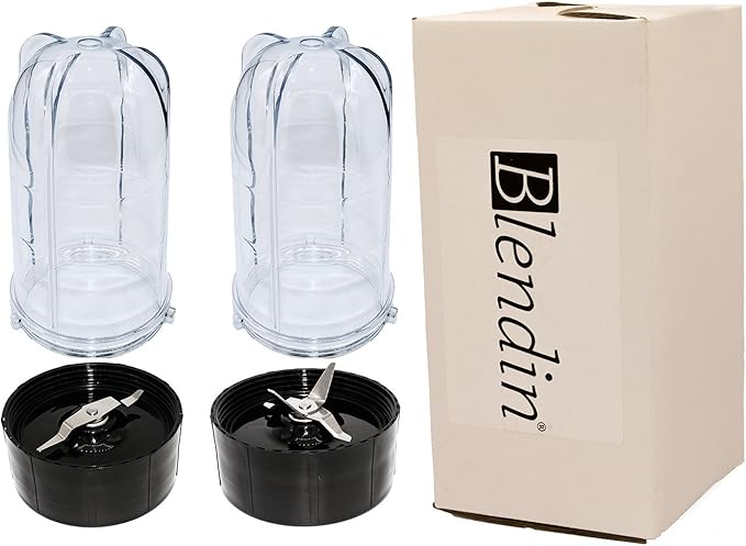 Blendin Replacement Tall Cups with Cross and Flat Blade Combo Compatible with Magic Bullet Blender MB-1001, MB-1001B, MBR-1101, MBR-1701, MBR-1702, MBR-0301 (2 Pack)