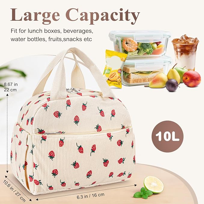Lunch Bag Lunch Box for Women Adults Men, Cute Strawberry Corduroy Insulated Reusable Work Leakproof Simple Large Lunch Boxes Tote Bag Cooler Bag
