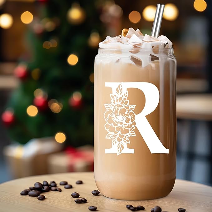 Coolife Initial Glass Cup, Monogrammed Gifts for Women, 16 oz Glass Cups w/Lids Straws, Iced Coffee Smoothie Beer Tumbler w/Straw Lid - Personalized Christmas, Birthday Gifts for Her Mom Friend Woman