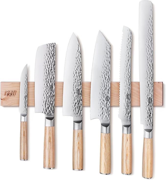 FINDKING 7PCS Kitchen Knife Set, with Wooden Magnetic Knife Holder, Elegant Japanese Chef Knives Set, Sharp Stainless Steel Blade, Pakka Wood Handle, for Daily Cooking (Michelia Series)
