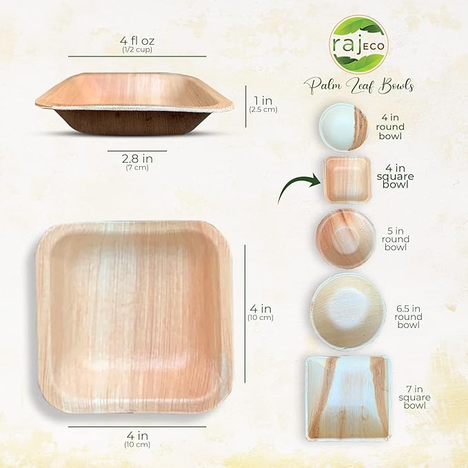 Raj Palm Leaf Bulk Bowls [25-Pack] 4" Square Bowls (6 CASES - 150 PACK) like Bamboo bowls Disposable, Strong, Decorative Compostable Tableware for weddings, Camping, Outdoor
