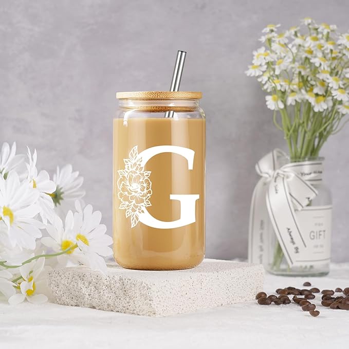 Coolife Initial Glass Cup, Monogrammed Gifts for Women, 16 oz Glass Cups w/Lids Straws, Iced Coffee Smoothie Beer Tumbler w/Straw Lid - Personalized Christmas, Birthday Gifts for Her Mom Friend Woman