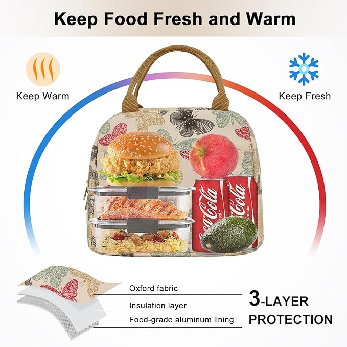 EurCross Beige Butterfly Lunch Bag for Women Work Daily Use Necessaries Storage, Reusable Medium Adult Lunch Tote Sack Bag for Bento Box with Insulated Liner