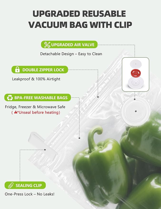 Vacuum Sealer Bags, Reusable Vacuum Zipper Bag, BPA Free Heavy Duty Vacuum Storage Bag for Food 15 Bags (15 Small Bags (8.27x 8.66 in))