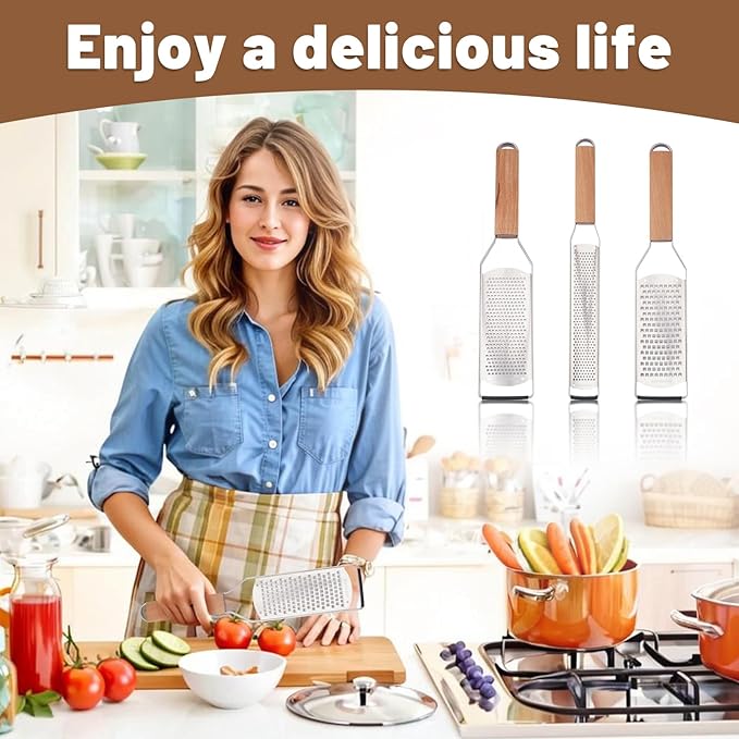 SHIKORI Professional Cheese Graters for Kitchen Stainless Steel Handheld, Metal Lemon Zester Grater With Wood Handle For Cheese, Chocolate, Spices, Kitchen Gadgets And Tools-Wideboard
