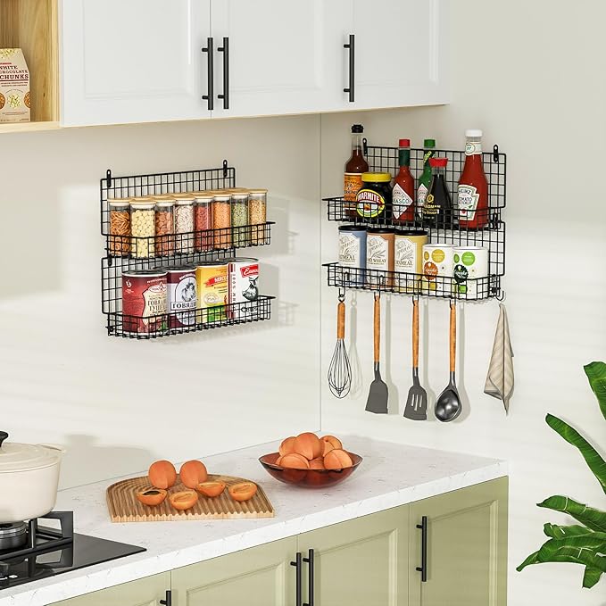 X-cosrack Upgraded Spice Rack Organizer - Wall Mounted Large 4-Tier Stackable Spice Storage with 5 Hooks, Holds 80 Jars, for Kitchen Pantry Organization (Patent:D909138S)