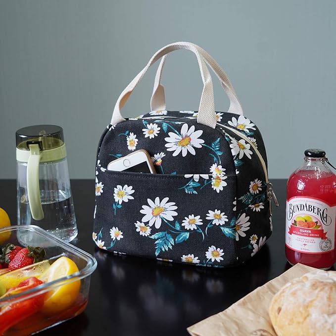EurCross Women's Lunch Bags for Work with Chic Floral Daisy Pattern,Canvas Stylish and Insulated Black Lunch Tote Bento box Bag Carrier of On-the-Go Storage