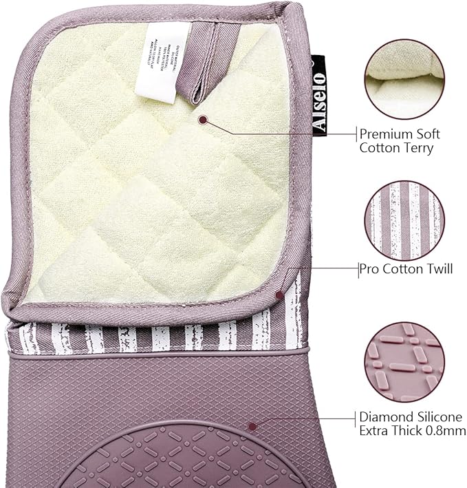 Silicone Oven Mitts Heat Resistant 932℉ with Waterproof & Non-Slip Kitchen Mittens, Set of 2 Extra Long Oven Gloves with Soft Cotton Terry Lining for Baking Cooking Barbecue(2, Purple Mitts)