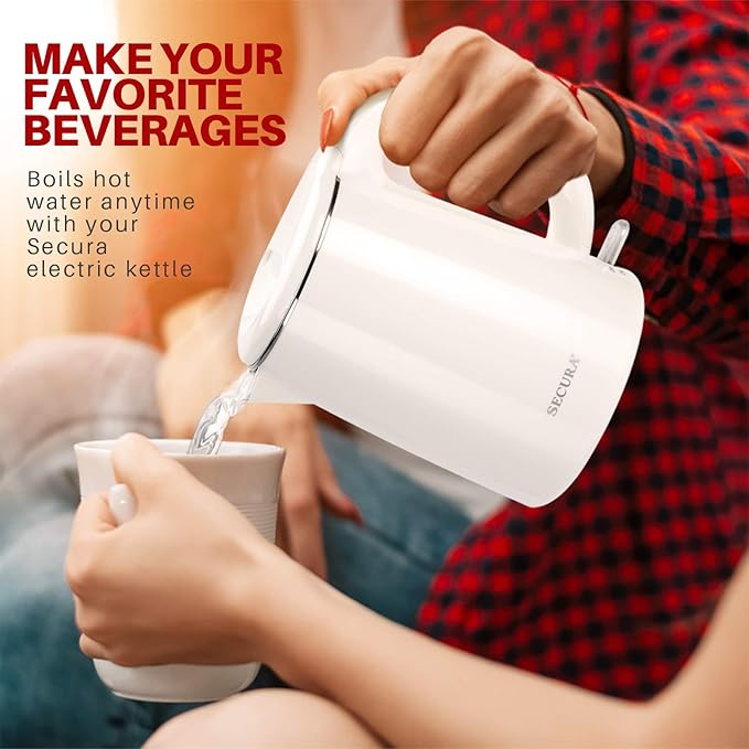 Secura Stainless Steel Double Wall Electric Kettle Water Heater for Tea Coffee w/Auto Shut-Off and Boil-Dry Protection, 1.0L (White) SWK-1001DW/HB-K012