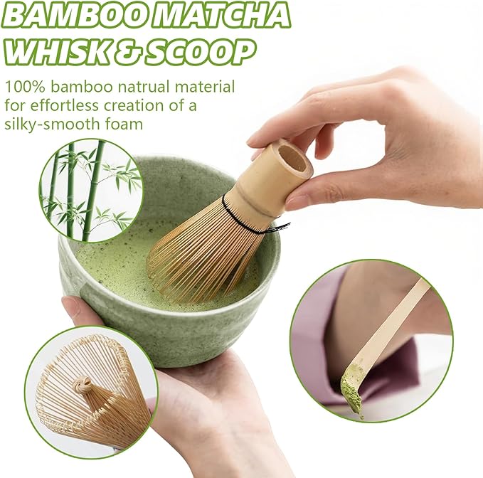 Matcha Whisk Set, 17oz Ceramic Bowl with Spout, Bamboo Matcha Scoop and Stainless Sifter - 5 Pcs Jade Green Matcha Kit, Matcha Kit for Making Breakfast/Latte,Gift for Matcha Lovers