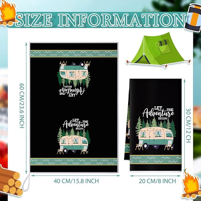 Boyiee 6 Pcs Camping Kitchen Towels Black Absorbent Dish Towels Bonfire Tent Car Tea Towels 24 x 16 Inches with Funny Sayings Novelty Gifts for Campers Happy Camper Camping Accessories for RV Campers