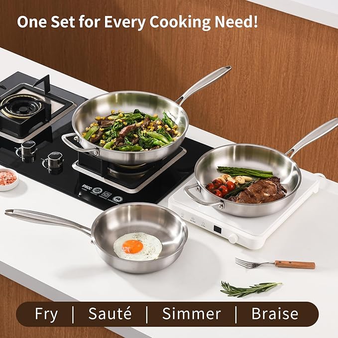Tri-Ply Stainless Steel Pan Set, PFOA and PTFE-Free Skillet Griddle, Stainless Steel Pan Set with Lid for the Kitchen, Induction-Compatible Cookware Sets, Dishwasher and Oven Safe