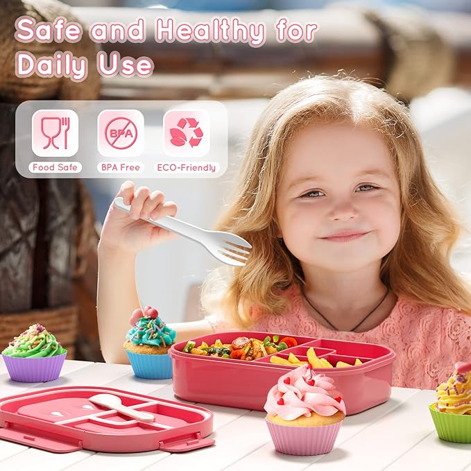 Bento Box, 44oz 4 Compartment Lunch Container with Cutlery for Kid/Adult/Toddler, Leak Proof, Microwave/Dishwasher/Refrigerator Safe, BPA Free (Pink)