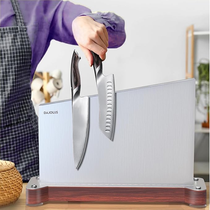 Large Magnetic Knife Holder16.15 x 11 Inches, Double Sided Magnetic Knife Block Without Knives, Stainless Steel Knife Storage Rack for Kitchen Counter With Strong Magnet Stand & Wood Base