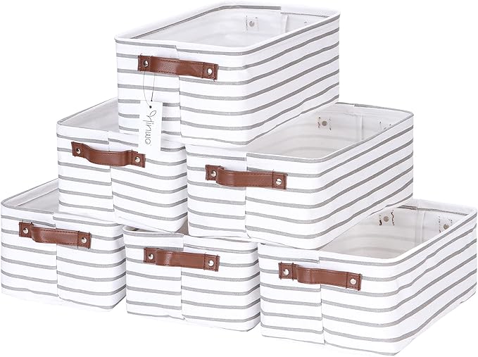 Hinwo 6-Pack Small Canvas Fabric Storage Baskets Set with Handles, Open Storage Bins, Cube Storage Organizer, Shelf Organizer Bins for Closet, 7.9L, 12 x 8 x 5 Inches (Gray Stripe)