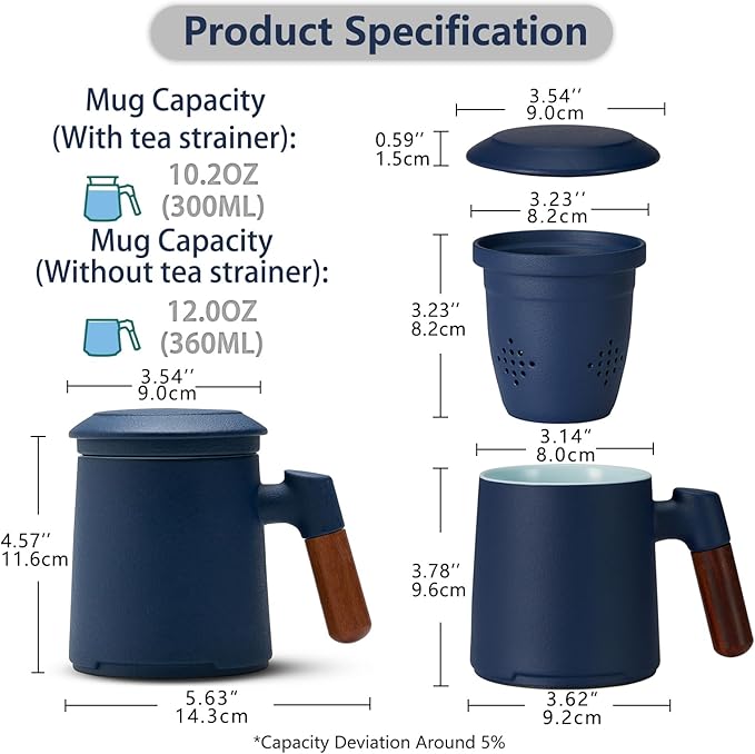 ZENS Tea Cup with Infuser and Lid for Loose Leaf Tea Steeper, 12oz Blue Ceramic Tea Mug with Fine Strainers, Wood Handle, Tea Lovers Gifts