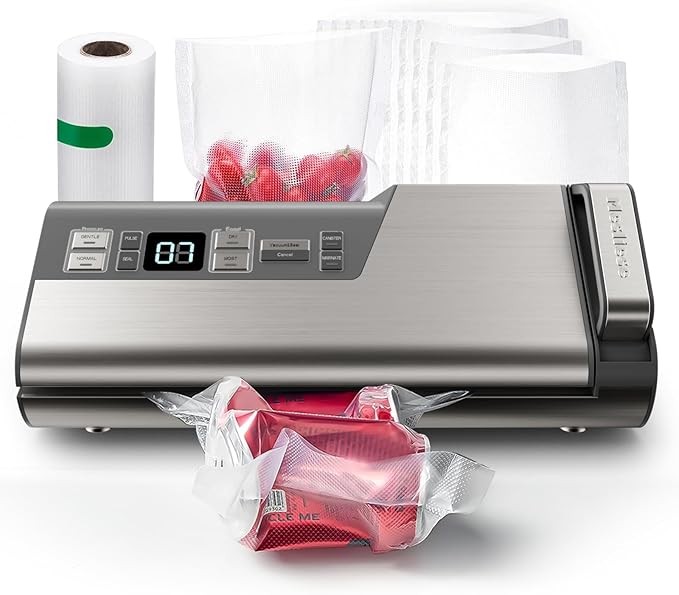 Mesliese Vacuum Sealer Machine, 95kPa 140W One Hand Operation Food Sealer, Double Seal Strip with Build-in Cutter & Countdown Display, 2 Bag Rolls, 5PCS Pre-cut Bags
