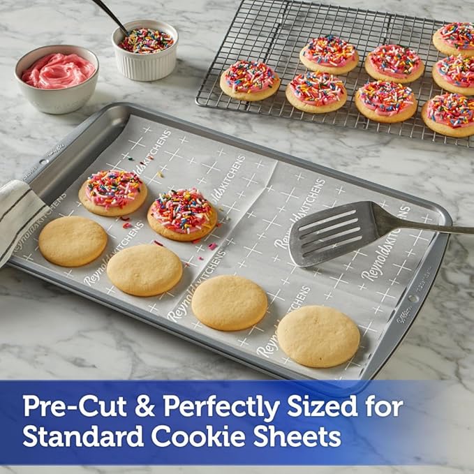 Reynolds Kitchens Cookie Baking Sheets, Pre-Cut Baking Parchment Paper Sheets for Cookies, Oven-Safe up to 425 Degrees, Reusable Up to 3X, No-Mess Cleanup, 12 in x 16 in, 22 Count