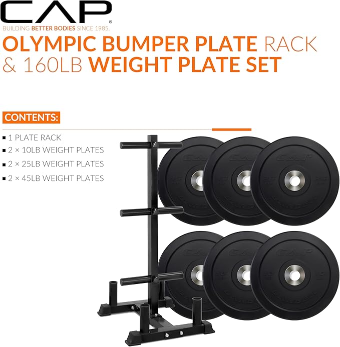 CAP Barbell 2-Inch Olympic Bumper Plate Weight Set with 6 Post Rack | 100-370 lbs | Multiple Options