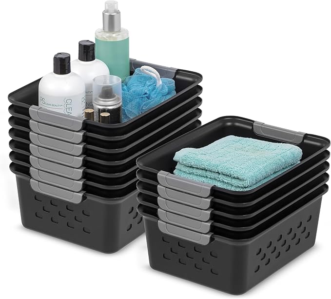 IRIS USA Plastic Basket, 12-Pack, Small, Shelves Storage Basket for Organizing Pantry, Cabinet, Bedroom, Closet, Laundry Room, Office, Black