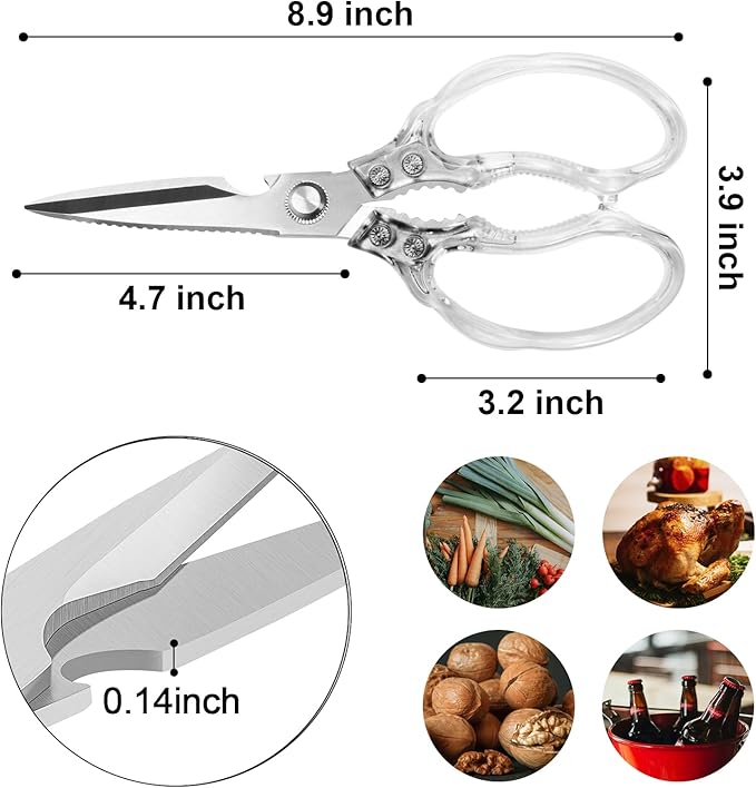 CGBE Kitchen Scissors, Multi-Purpose Kitchen Shears, Heavy Duty Dishwasher Safe Food Scissors for Chicken, Poultry, Fish, Meat & Herbs with Non-Slip Grips (Transparent)