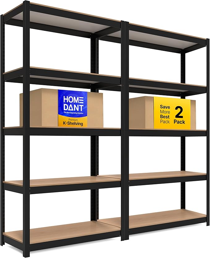 HOMEDANT House Black 5-Tier Laminated Metal Shelving Unit Adjustable Storage Utility Rack Heavy Duty Shelves Organization Shelf Kitchen Garage Pantry Closet 2Pack