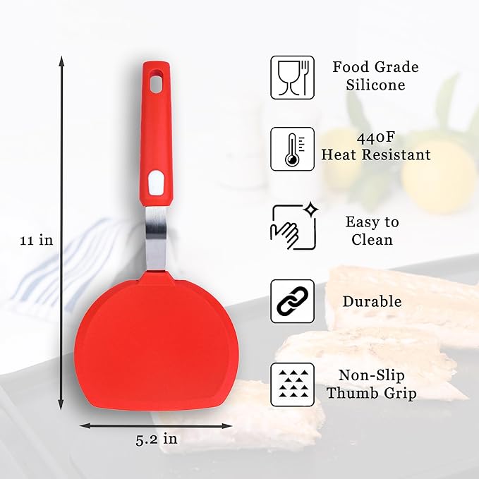 Silicone Pancake Spatula | Wide Beveled Edge Flipper with Stainless Steel Curved Handle | Heat Resistant Non-Stick Cooking