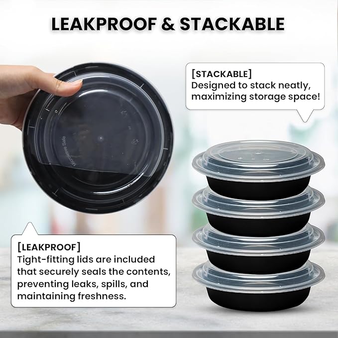 Klex 16 Oz, 150 Sets Meal Prep Containers with Airtight Lids, BPA Free, Reusable Plastic Food Container, 16 oz, Round, Black/Clear, 150 Sets