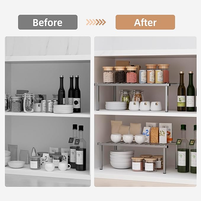 STORAGE MANIAC Set of 4 Expandable Kitchen Cabinet Organizer Shelf Kitchen Counter Shelves Spice Rack Kitchens Storage Wire Shelf Adjustable Metal Pantry Storage for Plate Dish, Grey