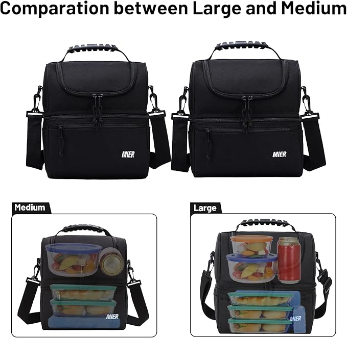 MIER 2 Compartment Lunch Bag for Men Women, Leakproof Insulated Cooler Bag for Work, Black