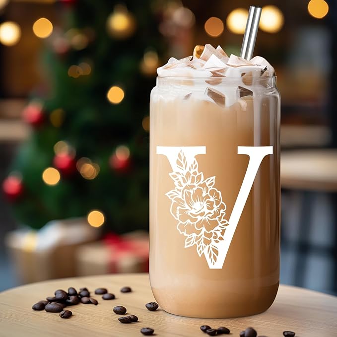 Coolife Initial Glass Cup, Monogrammed Gifts for Women, 16 oz Glass Cups w/Lids Straws, Iced Coffee Smoothie Beer Tumbler w/Straw Lid - Personalized Christmas, Birthday Gifts for Her Mom Friend Woman