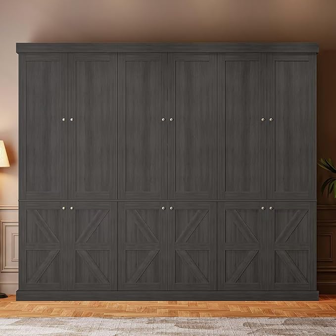 70.8" Tall Bookshelf with Doors, Farmhouse Modular Bookcase with 4-Tier Adjustable Shelves, Large Storage Cabinet for Home Office, Living Room, Black, Set of 4