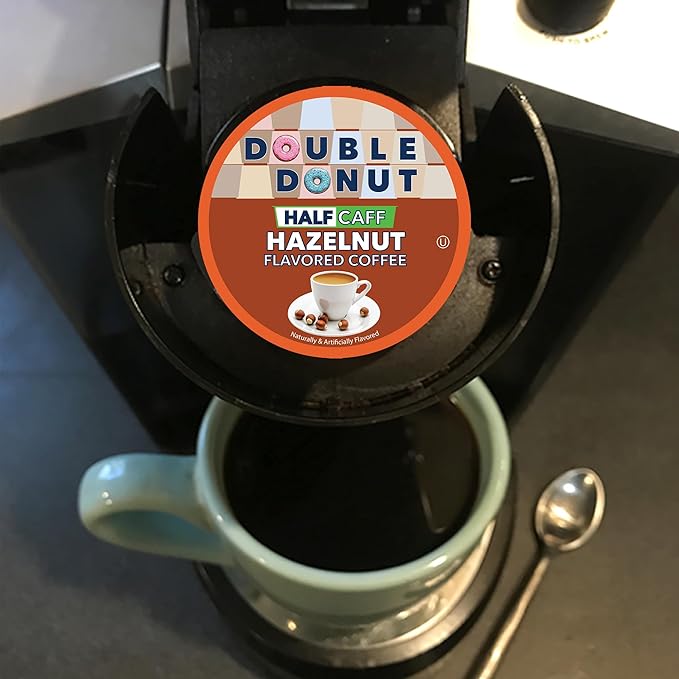 Double Donut Coffee Hazelnut Half Caff Coffee Pods, Single Serve Flavored Half Caffeine Coffee Pods For Keurig K Cup Brewers, Medium Roast, 20 Count