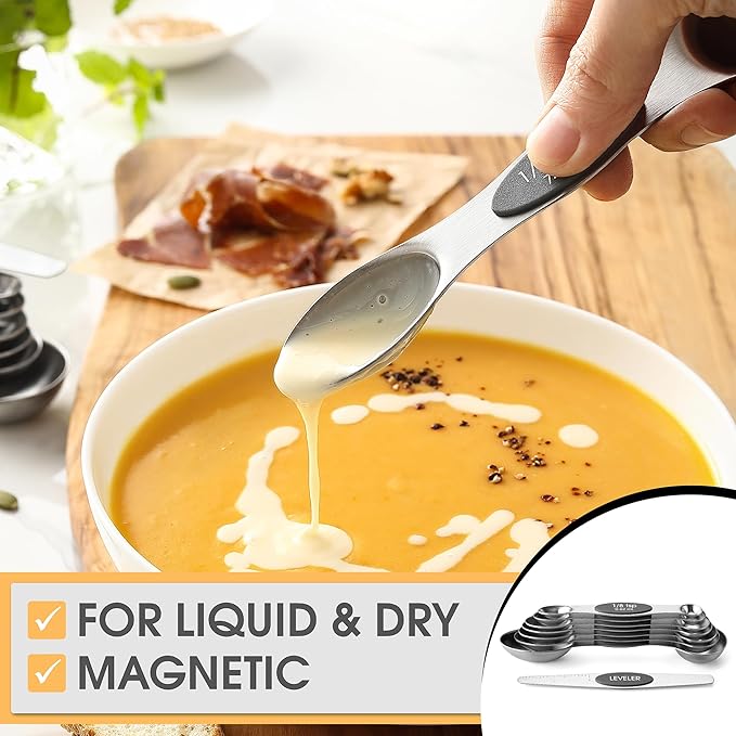 Spring Chef Stainless Steel Magnetic Measuring Spoons Set of 8 with Leveler, Dual Sided Metal Teaspoon & Tablespoon Measuring Spoons - Kitchen Gadgets For Baking and Cooking, Gray