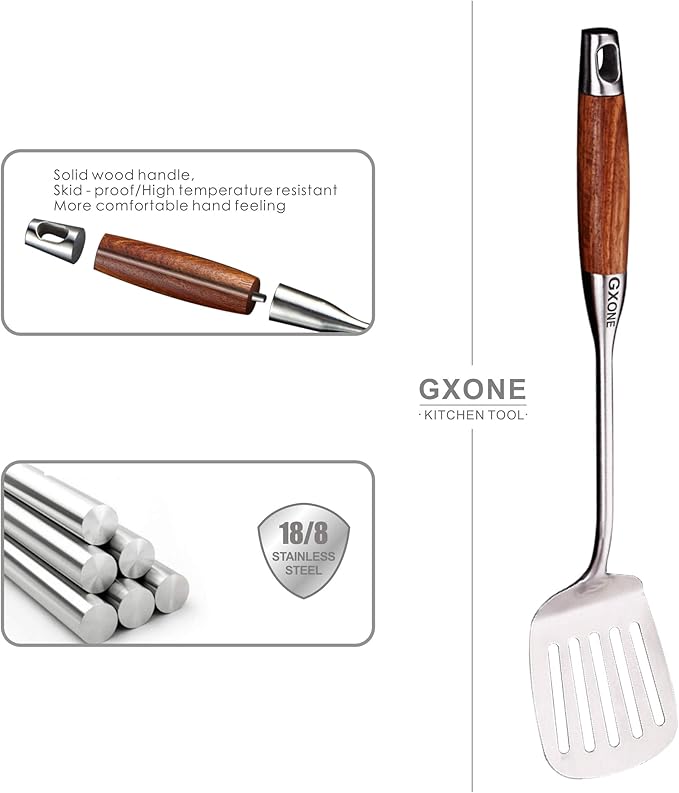 Metal Spatula,304 Stainless Steel Wok Spatula with Heat Resistant Wooden Handle,Silver/15.7Inch