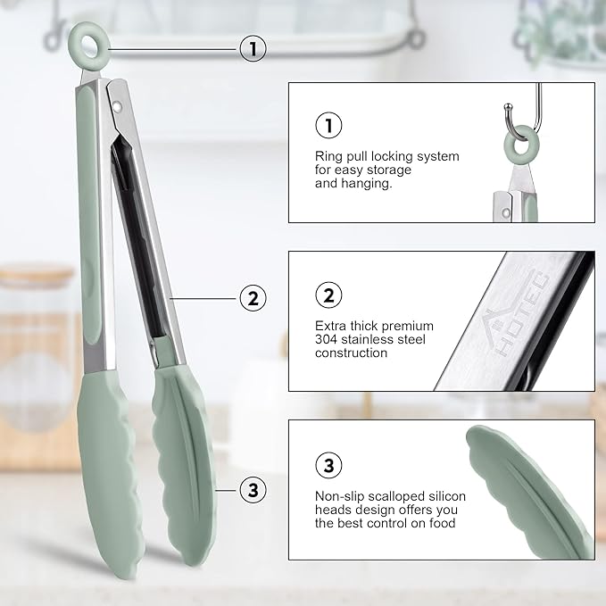 Hotec Premium Stainless Steel Locking Kitchen Tongs with Silicon Tips, Set of 2-9" and 12" Light Green