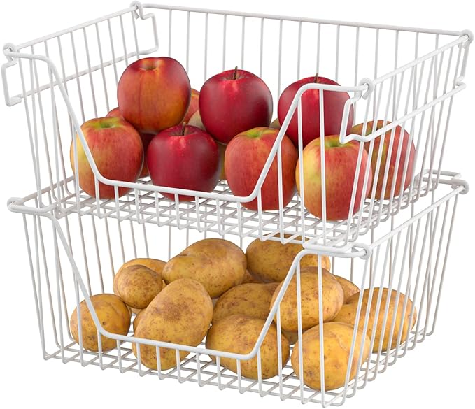 SANNO Stackable Wire Baskets for Organizing Pantry Storage and Organization Metal Bins Fruit Vegetable Organization Pantry Cabinet Metal Bin for Kitchen Counter Bathroom Shelves Storage，White,4